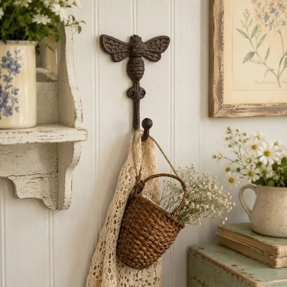 Cast Iron Bee Wall Hook Rustic Farmhouse Cottage Garden Decor Honeybee Bumblebee